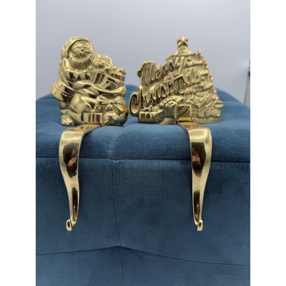 Pair of Solid brass stocking holder ‘Santa’ & ‘Merry Christmas’ Holiday Festive - Picture 1 of 11